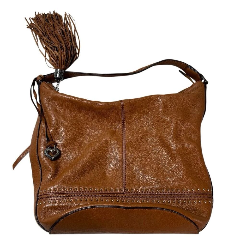 Vintage Brighton Jake Caramel Brown Leather Studded Tassel Hobo Shoulder Bag - Picture 2 of 8